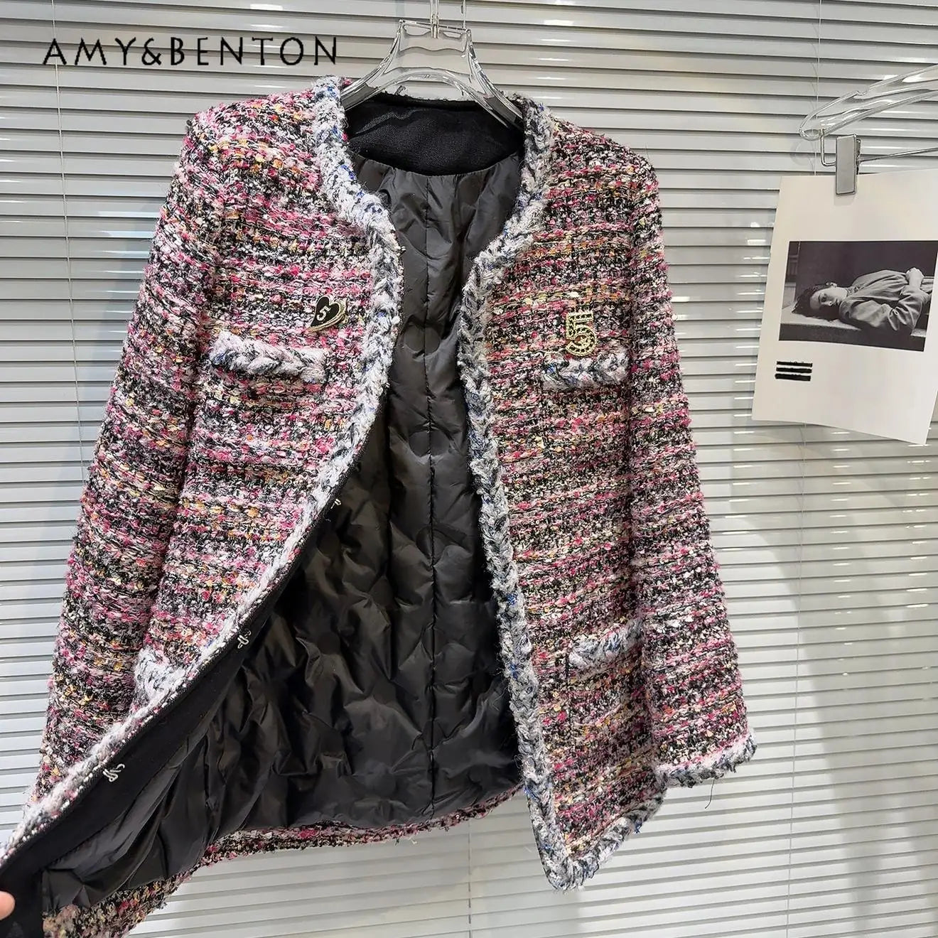French Temperament Tweed Down Inner Jacket Women Winter New Patchwork Midlength Slim Belt Commuter  1
