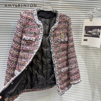 French Temperament Tweed Down Inner Jacket Women Winter New Patchwork Midlength Slim Belt Commuter  1