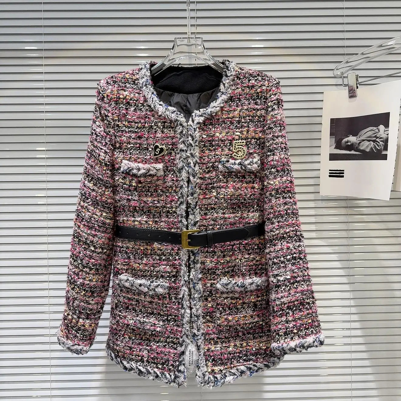 French Temperament Tweed Down Inner Jacket Women Winter New Patchwork Midlength Slim Belt Commuter  4