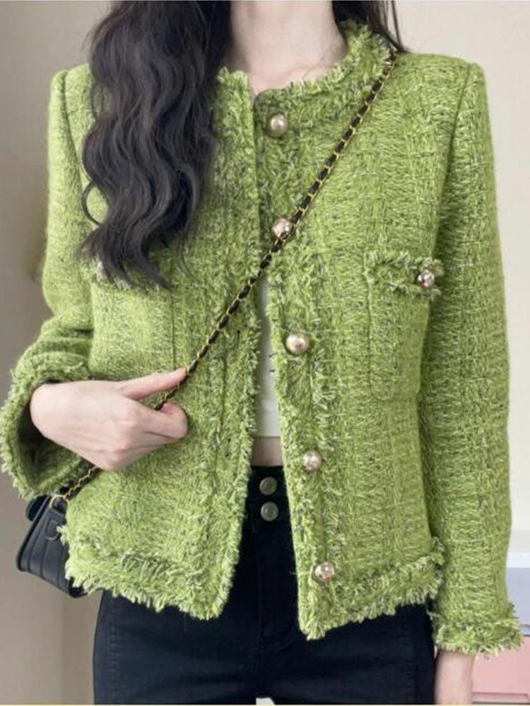 New Autumn Winter Korean Single Breasted Short Tweed Coat Women Long Sleeve Vintage Green Jackets Female Outerwear