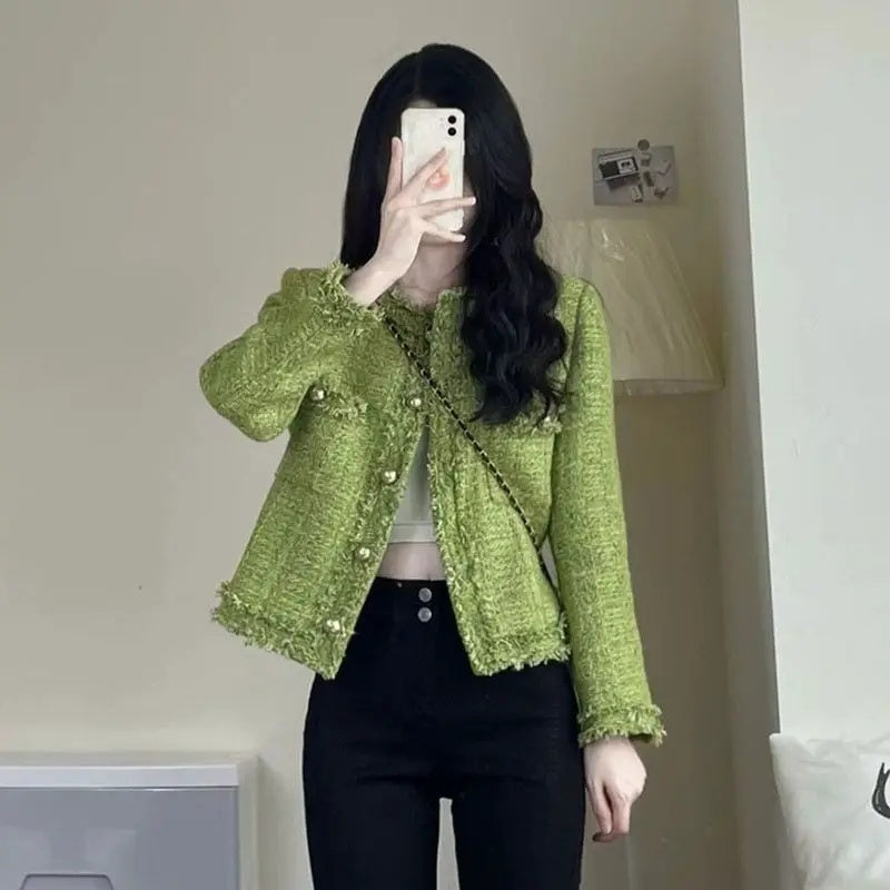New Autumn Winter Korean Single Breasted Short Tweed Coat Women Long Sleeve Vintage Green Jackets Female Outerwear