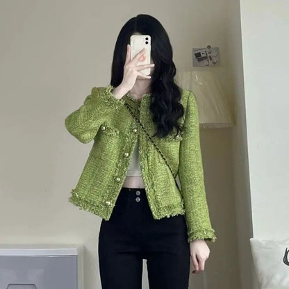 New Autumn Winter Korean Single Breasted Short Tweed Coat Women Long Sleeve Vintage Green Jackets Female Outerwear