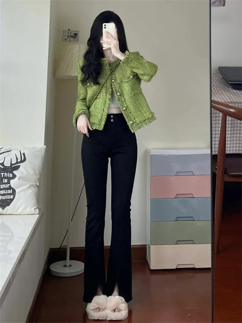 New Autumn Winter Korean Single Breasted Short Tweed Coat Women Long Sleeve Vintage Green Jackets Female Outerwear