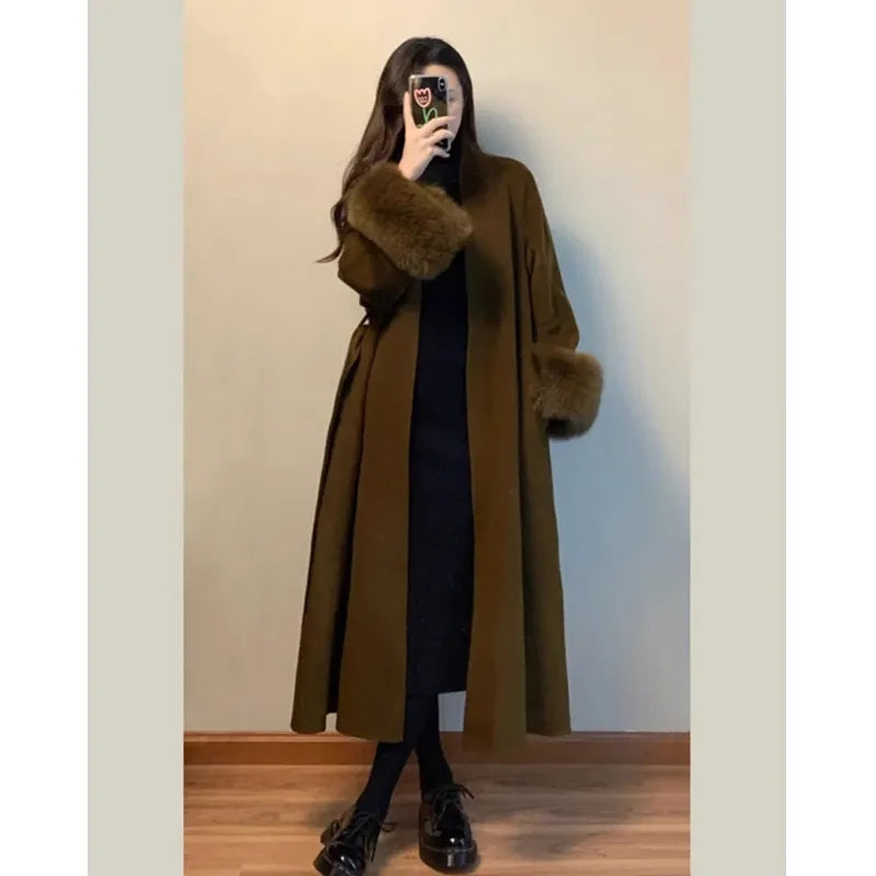 New Spring Winter Warm Long Woolen Coat Women Elegant Warm Wool Blend Trench Coat With Belt Fashion Outerwear