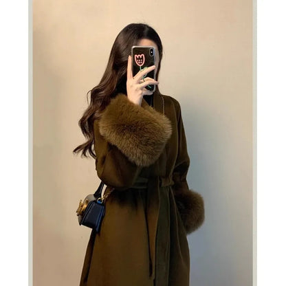 New Spring Winter Warm Long Woolen Coat Women Elegant Warm Wool Blend Trench Coat With Belt Fashion Outerwear