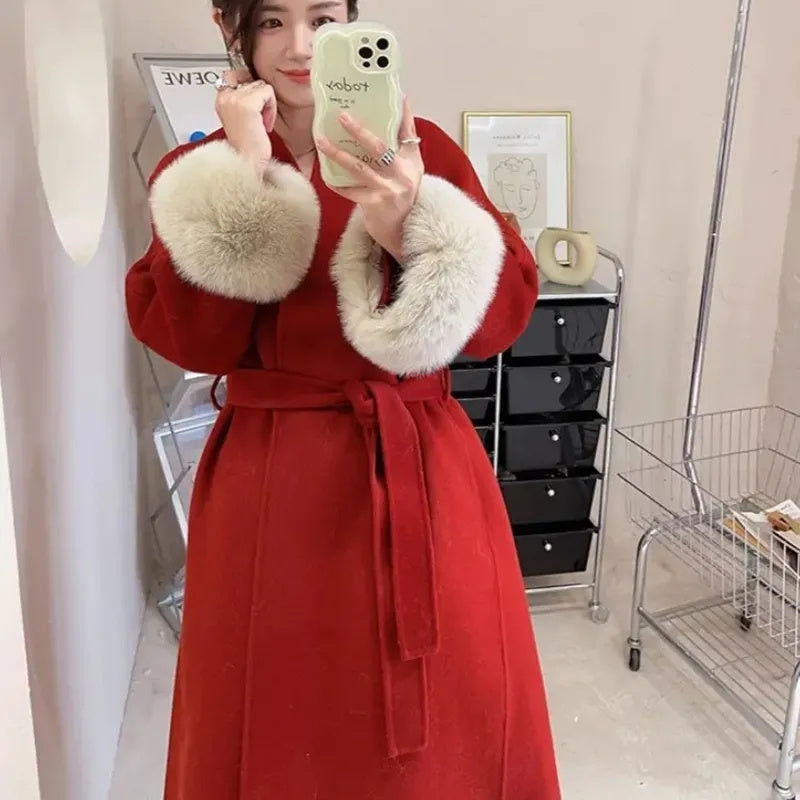 New Spring Winter Warm Long Woolen Coat Women Elegant Warm Wool Blend Trench Coat With Belt Fashion Outerwear