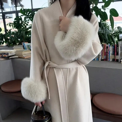 New Spring Winter Warm Long Woolen Coat Women Elegant Warm Wool Blend Trench Coat With Belt Fashion Outerwear