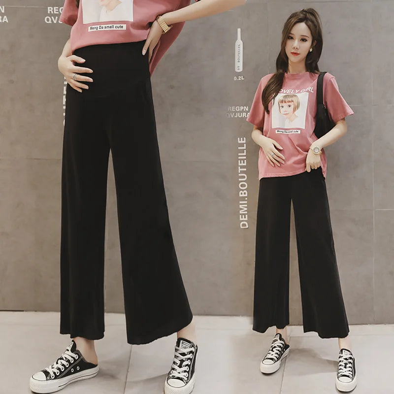 Summer Maternity Wear, Ice Silk Wide-Leg Pants, Loose Pleated Nine-Point Thin Outer Wear