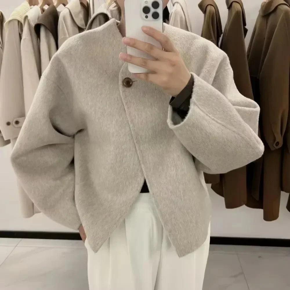 Elegant Wool Blend Coat for Women Single Button Short Scarf Collar Woolen Jacket Autumn Winter Lady Woolen Wool Coat