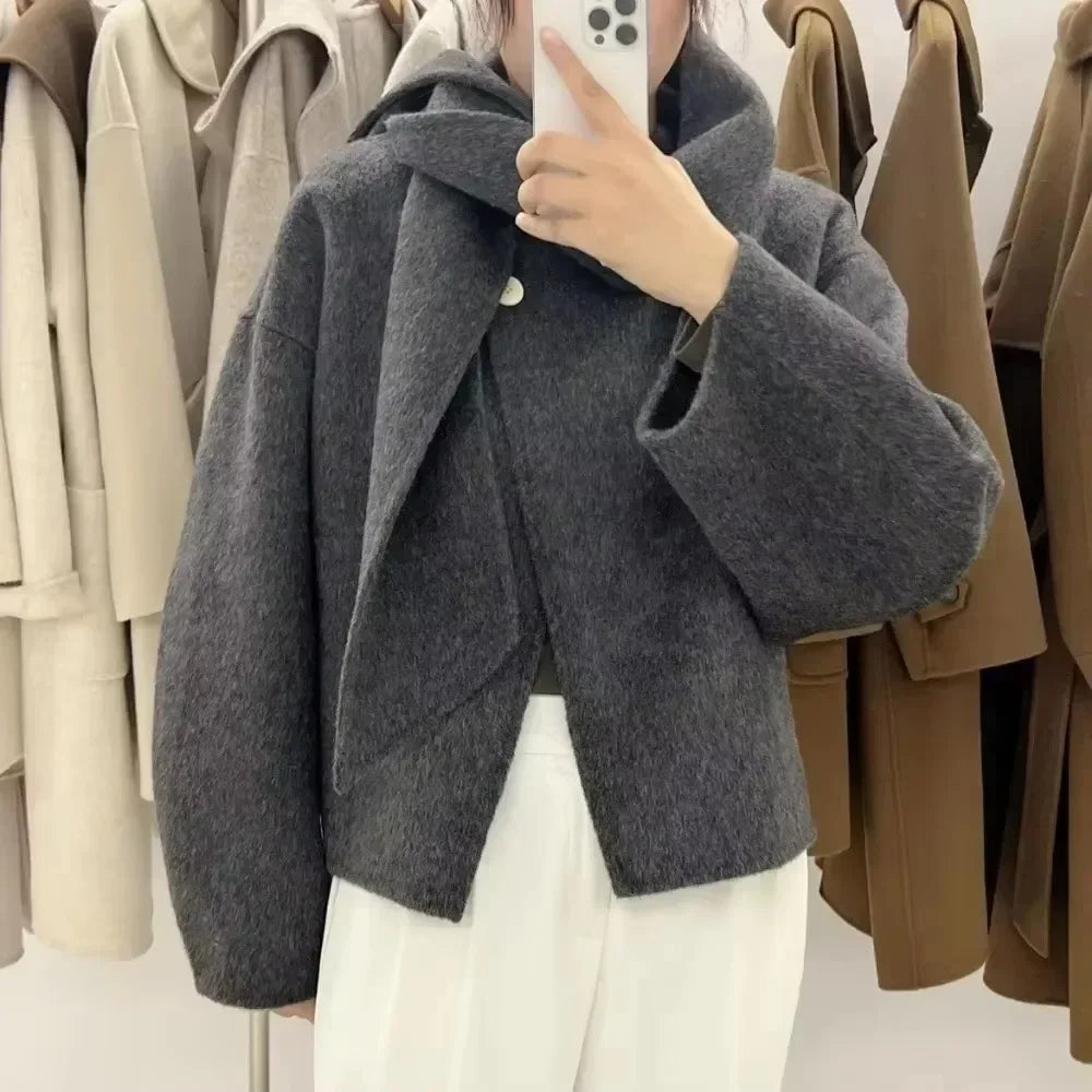 Elegant Wool Blend Coat For Women Single Button Short Scarf Collar Woolen Jacket Autumn Winter Lady 1