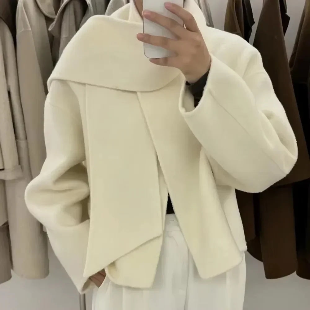 Elegant Wool Blend Coat For Women Single Button Short Scarf Collar Woolen Jacket Autumn Winter Lady 2