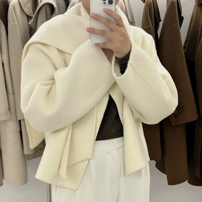 Elegant Wool Blend Coat For Women Single Button Short Scarf Collar Woolen Jacket Autumn Winter Lady 5