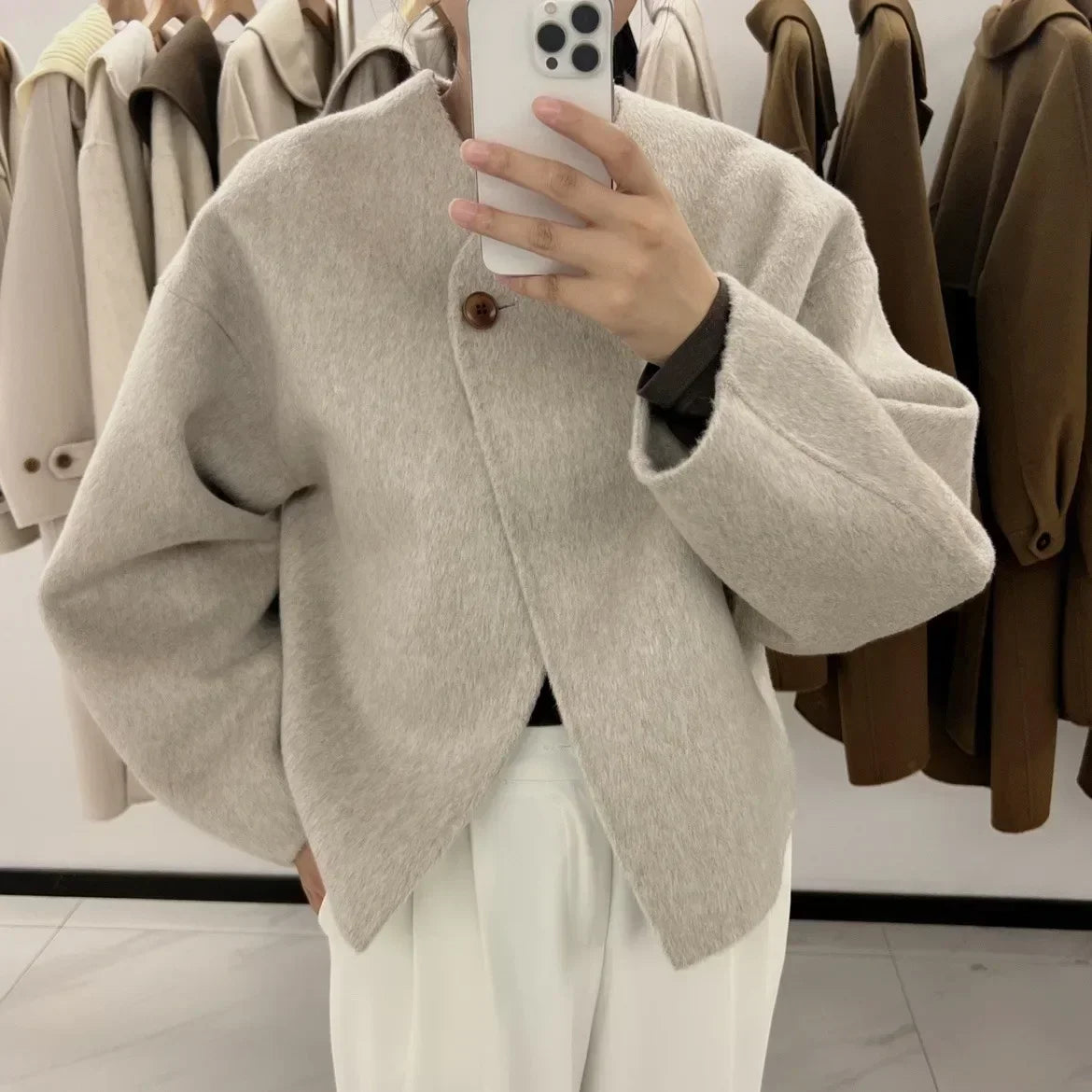Elegant Wool Blend Coat For Women Single Button Short Scarf Collar Woolen Jacket Autumn Winter Lady 10
