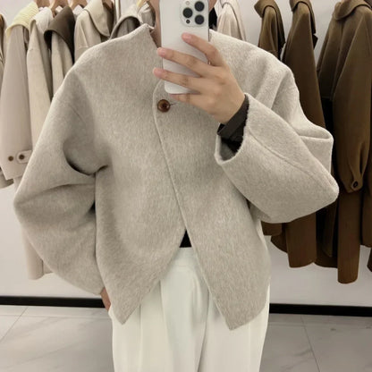 Elegant Wool Blend Coat For Women Single Button Short Scarf Collar Woolen Jacket Autumn Winter Lady 10