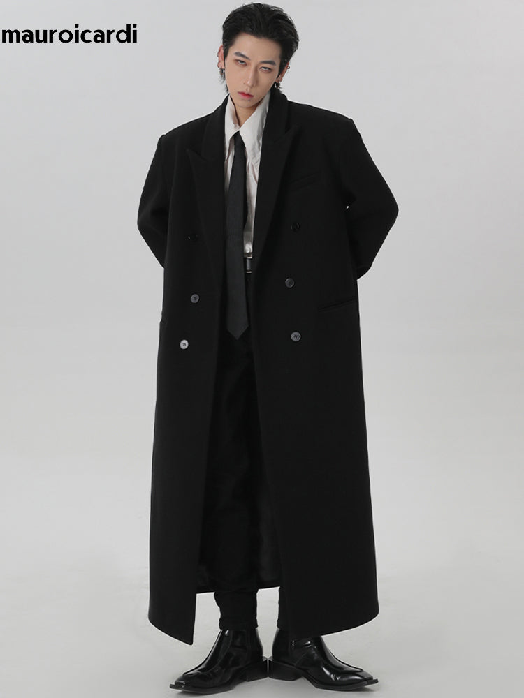 Autumn Winter Extra Long Black Oversized Warm Wool Blends Coat Men, Double Breasted Luxury Outerwear with Shoulder Pads