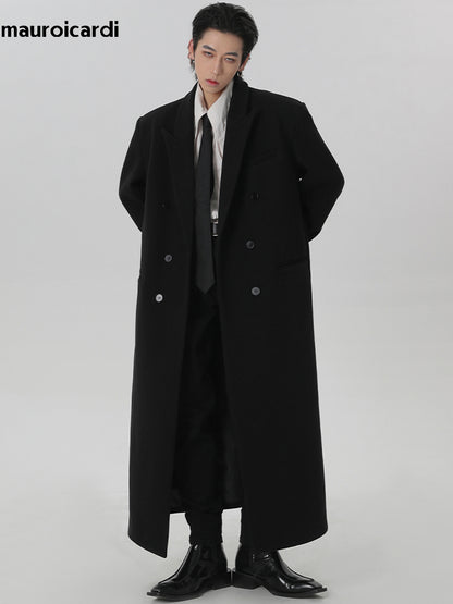 Autumn Winter Extra Long Black Oversized Warm Wool Blends Coat Men, Double Breasted Luxury Outerwear with Shoulder Pads