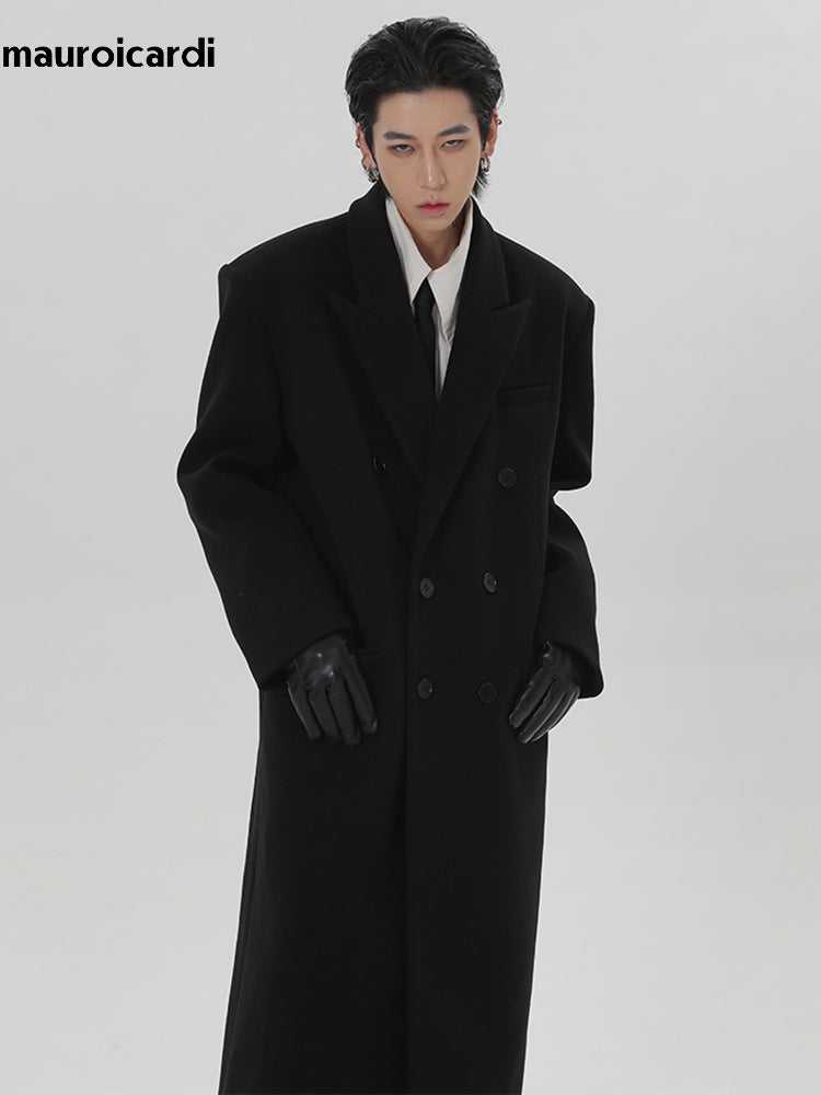 Autumn Winter Extra Long Black Oversized Warm Wool Blends Coat Men Double Breasted Luxury Outerwear 1