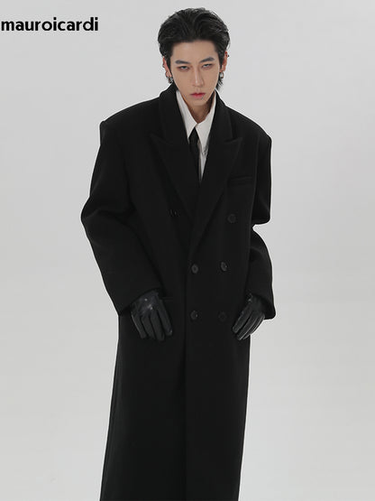 Autumn Winter Extra Long Black Oversized Warm Wool Blends Coat Men Double Breasted Luxury Outerwear 1