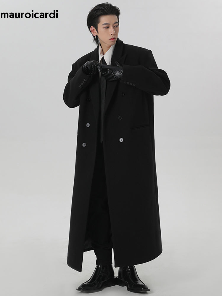 Autumn Winter Extra Long Black Oversized Warm Wool Blends Coat Men Double Breasted Luxury Outerwear 2