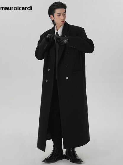 Autumn Winter Extra Long Black Oversized Warm Wool Blends Coat Men Double Breasted Luxury Outerwear 2