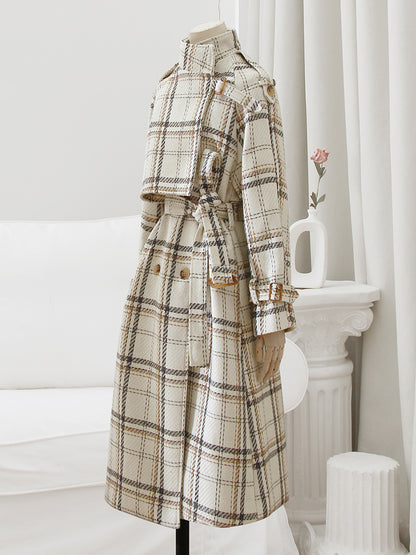 Plaid Wool Blends Trench Coat for Women, Autumn Winter Warm Long Loose Overcoat with Belt, Raglan Sleeve Double Breasted