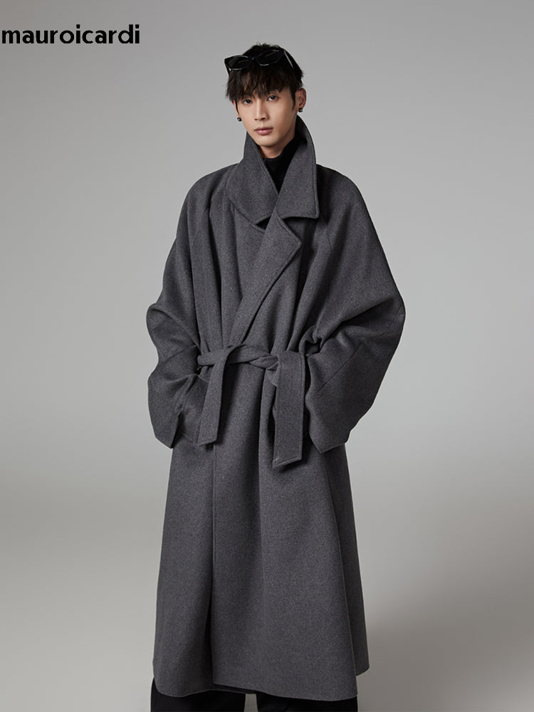 Warm Gray Wool Blends Coat Men Autumn Winter Oversized Extra Long Luxury Woolen Overcoat with Sashes Raglan Sleeve