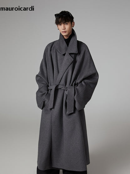 Warm Gray Wool Blends Coat Men Autumn Winter Oversized Extra Long Luxury Woolen Overcoat with Sashes Raglan Sleeve