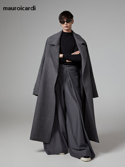 Warm Gray Wool Blends Coat Men Autumn Winter Oversized Extra Long Luxury Woolen Overcoat With Sashe 1