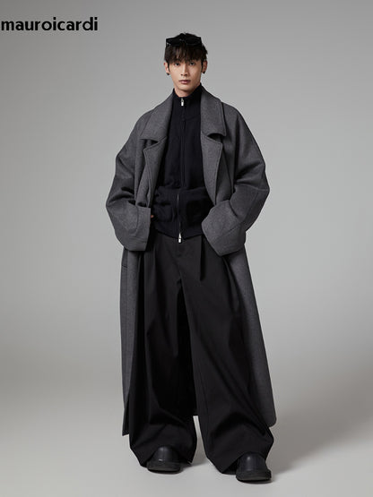 Warm Gray Wool Blends Coat Men Autumn Winter Oversized Extra Long Luxury Woolen Overcoat With Sashe 2