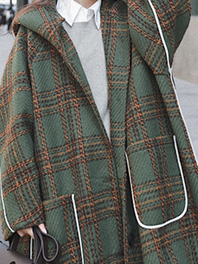 Autumn Winter Long Oversized Warm White Patchwork Plaid Wool Blends Trench Coats Women With Hood Ru 1