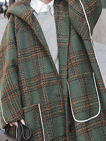 Autumn Winter Long Oversized Warm White Patchwork Plaid Wool Blends Trench Coats Women With Hood Ru 1
