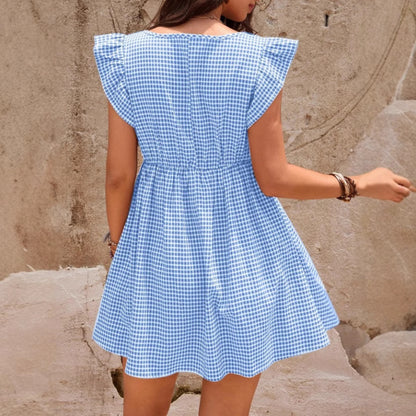 Square Neck Plaid Maternity Dress, Short Sleeve Summer Casual Dress for Expecting Mothers