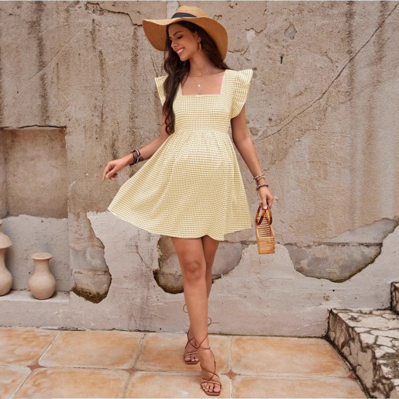 Square Neck Plaid Maternity Dress, Short Sleeve Summer Casual Dress for Expecting Mothers