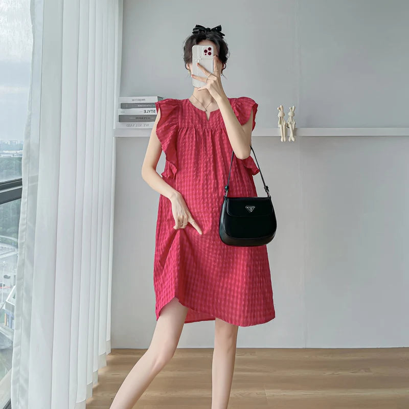 Korean Style Short Maternity Dress for Summer, Petal Sleeve A-Line Mini Dress for a Sweet, Cute Pregnancy Look