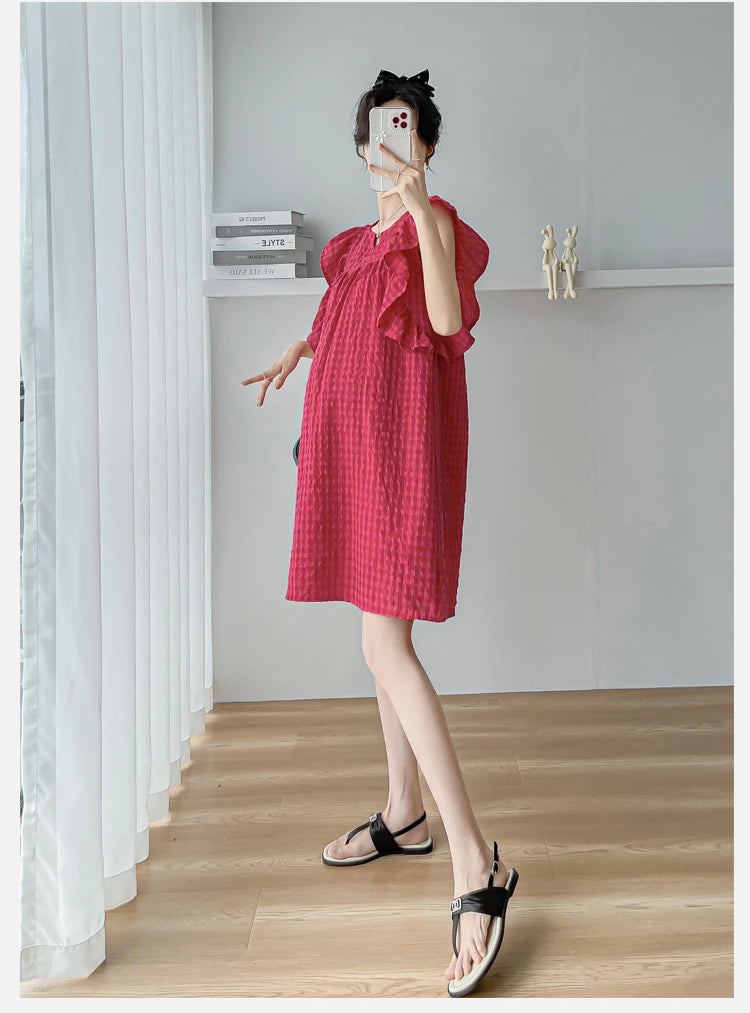 Korean Style Short Maternity Dress for Summer, Petal Sleeve A-Line Mini Dress for a Sweet, Cute Pregnancy Look
