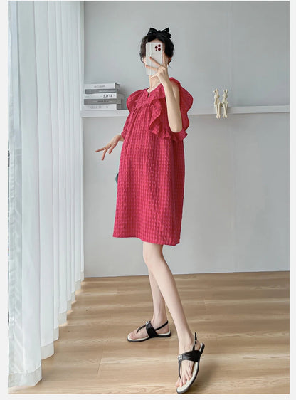 Korean Style Short Maternity Dress for Summer, Petal Sleeve A-Line Mini Dress for a Sweet, Cute Pregnancy Look
