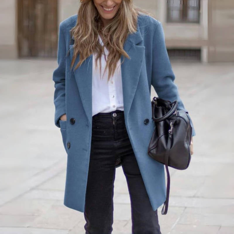 Winter Women Wool Blend Coat Double Breasted Turn Down Collar Coat Female Outerwear Fashion Warm Clothing for Ladies