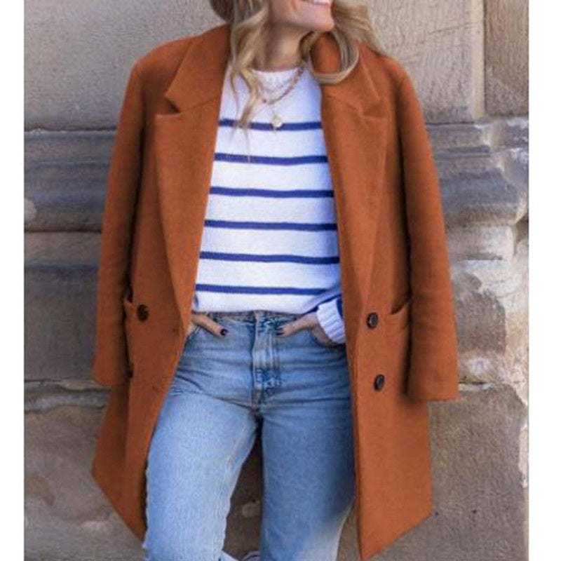 Winter Women Wool Blend Coat Double Breasted Turn Down Collar Coat Female Outerwear Fashion Warm Clothing for Ladies