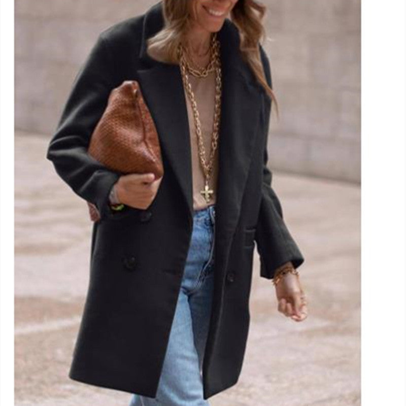 Winter Women Wool Blend Coat Double Breasted Turn Down Collar Coat Female Outerwear Fashion Warm Clothing for Ladies