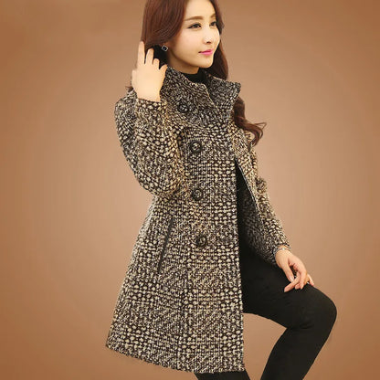 Winter Autumn New Women Wool Blend Coat Elegant Turtleneck Plaid Slim Long Tweed Woolen Outerwear for Female