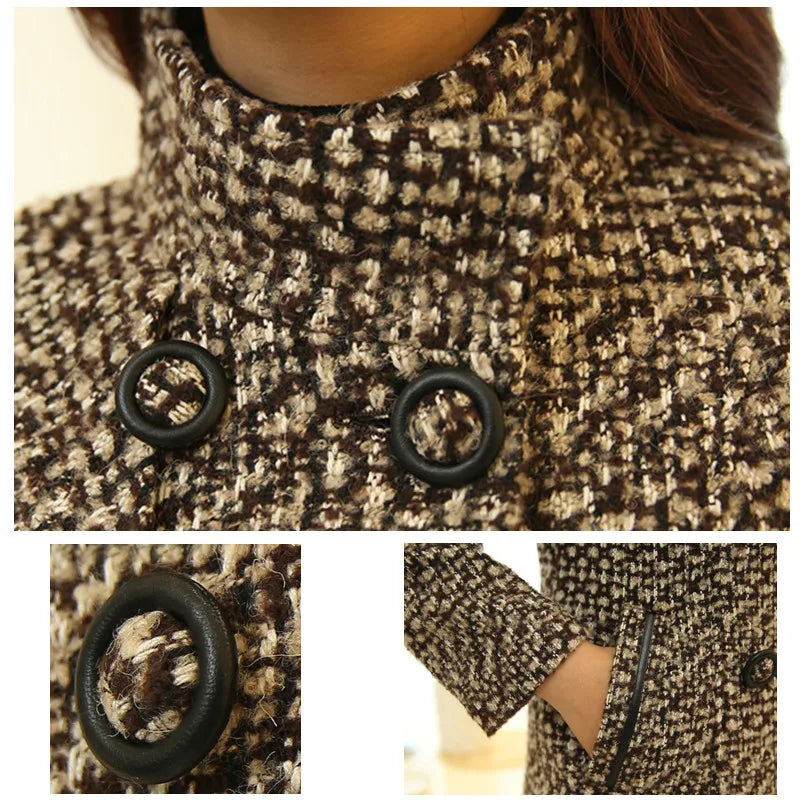 Winter Autumn New Women Wool Blend Coat Elegant Turtleneck Plaid Slim Long Tweed Woolen Outerwear F 3