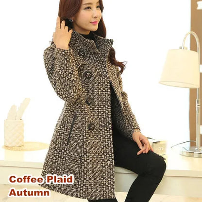 Winter Autumn New Women Wool Blend Coat Elegant Turtleneck Plaid Slim Long Tweed Woolen Outerwear F 6