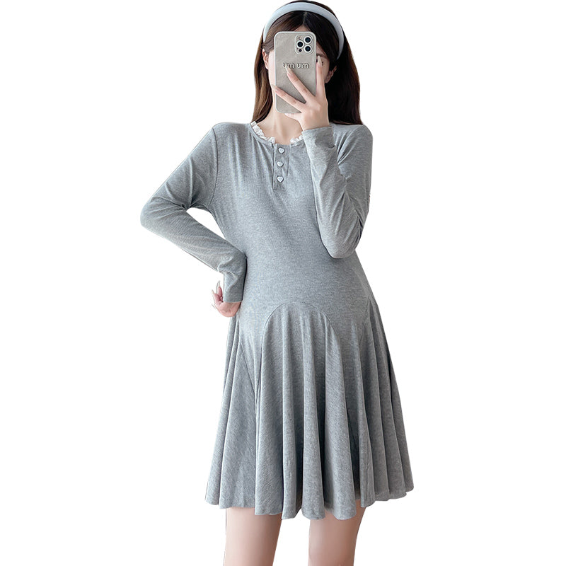Elegant Korean Style Maternity Dress, A-Line Pleated Design Long Sleeve Lace Pregnant Dress for Women