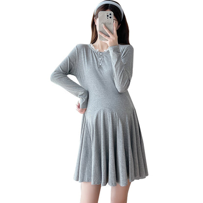 Elegant Korean Style Maternity Dress, A-Line Pleated Design Long Sleeve Lace Pregnant Dress for Women