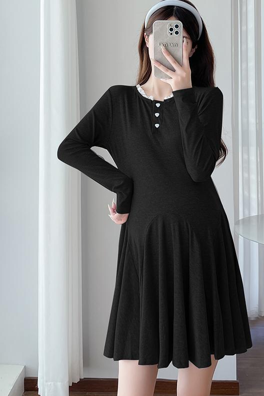 Elegant Korean Style Maternity Dress, A-Line Pleated Design Long Sleeve Lace Pregnant Dress for Women