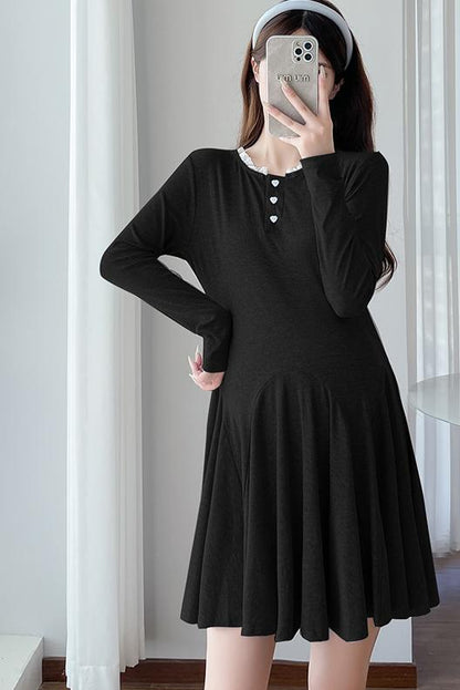 Elegant Korean Style Maternity Dress, A-Line Pleated Design Long Sleeve Lace Pregnant Dress for Women