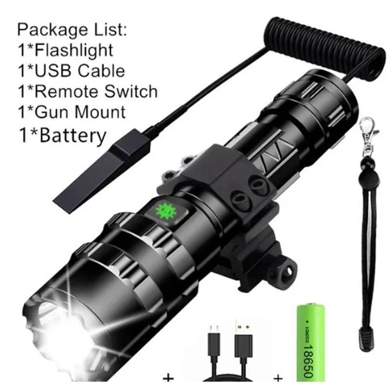 Tactical LED Hunting Flashlight USB Rechargeable Waterproof Torch