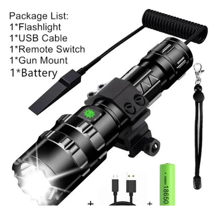 Tactical LED Hunting Flashlight USB Rechargeable Waterproof Torch