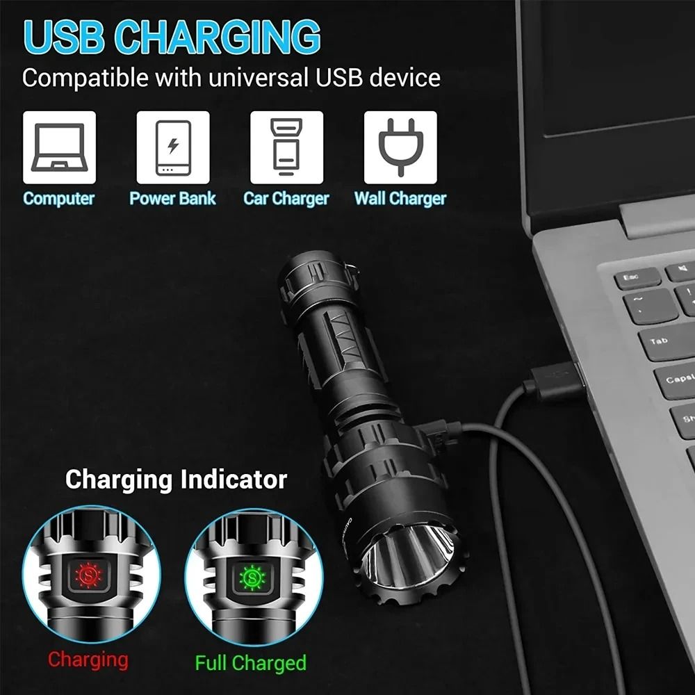 Tactical LED Hunting Flashlight USB Rechargeable Waterproof Torch 6