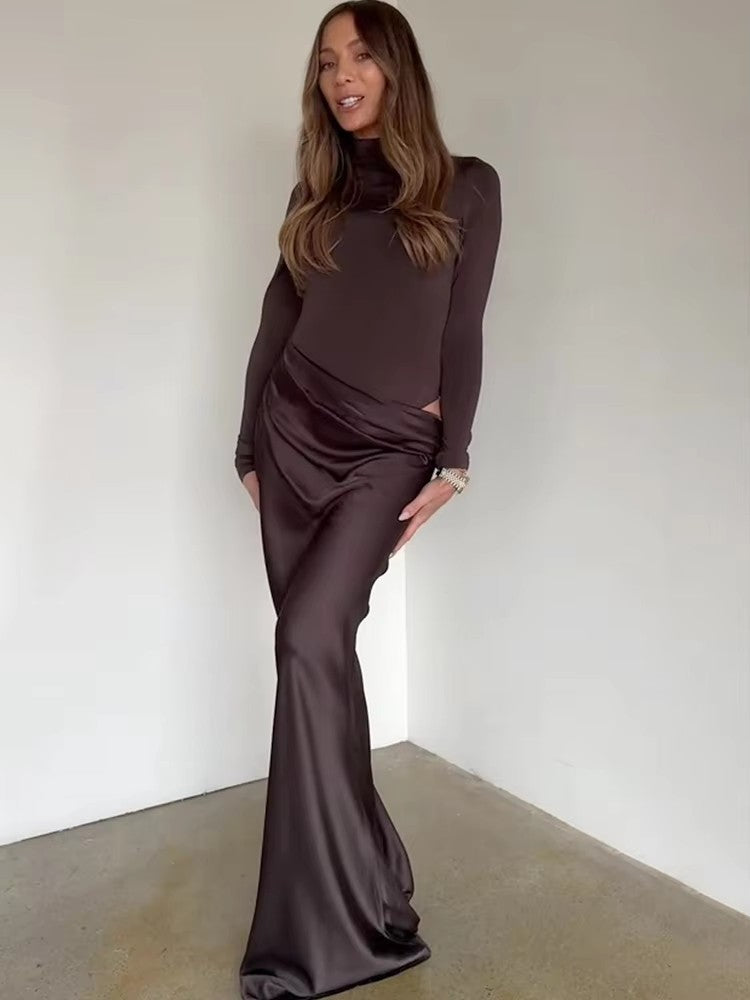 Turtleneck Satin Hollow Out Zipper Maxi Dress Women Black Patchwork Long Sleeve Slim Elegant Party Evening Dress Sexy